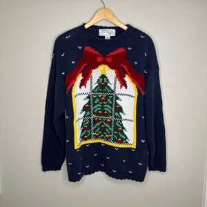 Vintage Nuggets Women's Christmas Tree Bow Sweater Navy Blue Holiday Knit Large‎